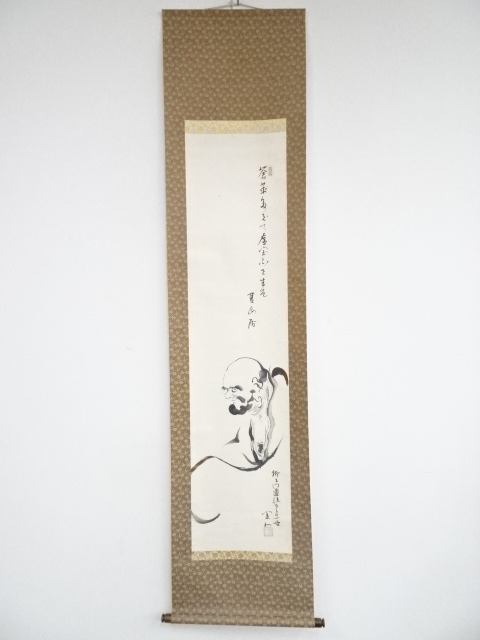 JAPANESE HANGING SCROLL / HAND PAINTED / DARUMA & HAIKU POEM
